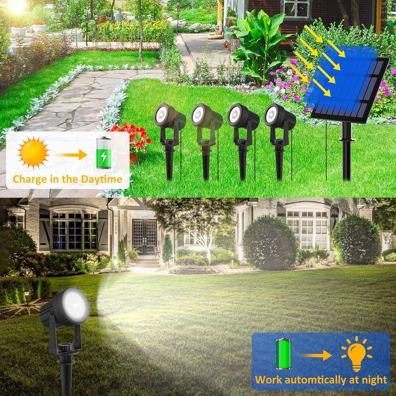 T-SUNUS أضواء حديقة شمسية بيضاء في عيد الميلاد، 4 في 1 أضواء كاشفة 6000K مقاومة للماء IP65 كابل بطول 9.8 قدم 5 واط لوحة منفصلة، أضواء كاشفة تعمل تلقائيًا في الظلام وتطفئ عند الشروق لأشجار الفناء وممرات القيادة والممرات والبرك في عيد الهالوين - Image 2